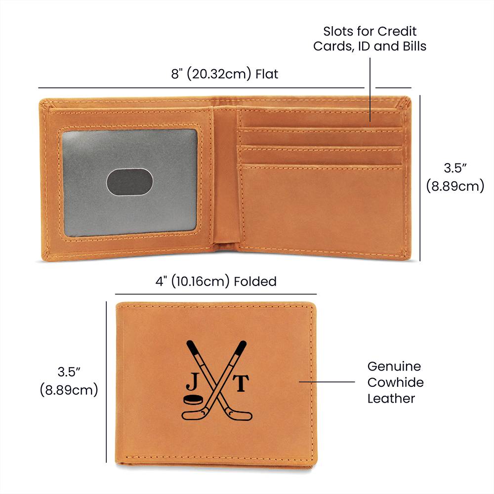 Genuine Leather Wallet: Hockey Graphic With Custom Initials