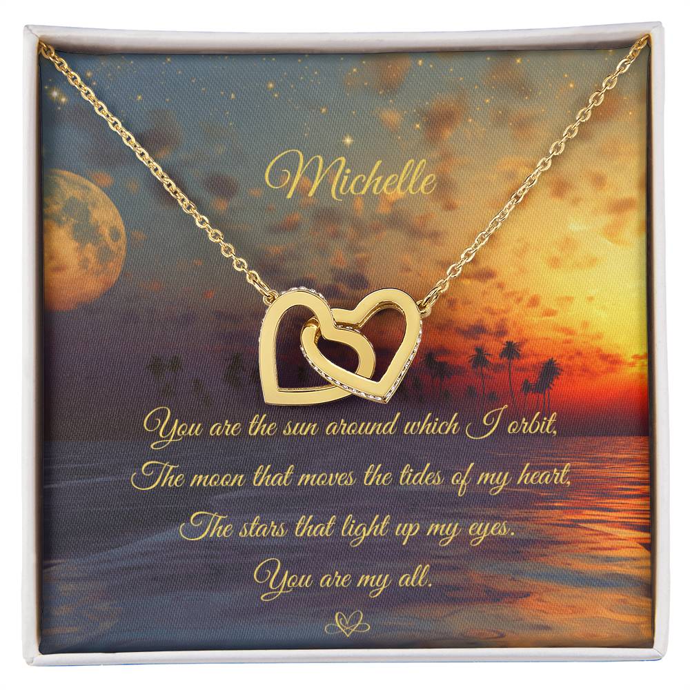 Interlocking Hearts' Necklace: You are the sun around which I orbit - Custom Name