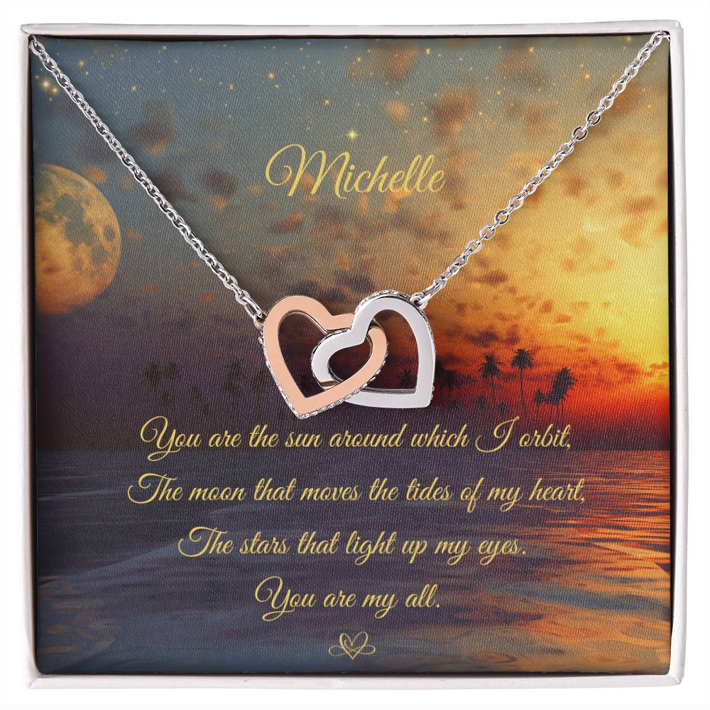 Interlocking Hearts' Necklace: You are the sun around which I orbit - Custom Name