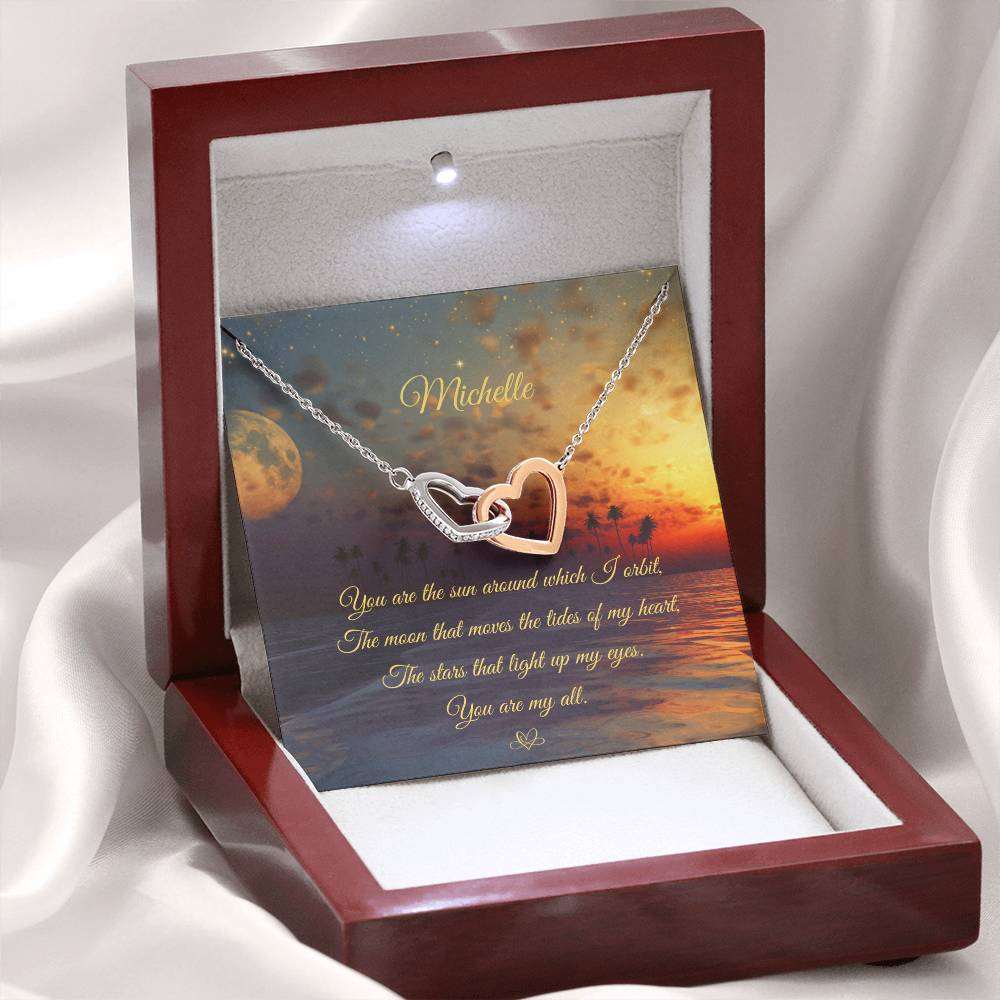 Interlocking Hearts' Necklace: You are the sun around which I orbit - Custom Name