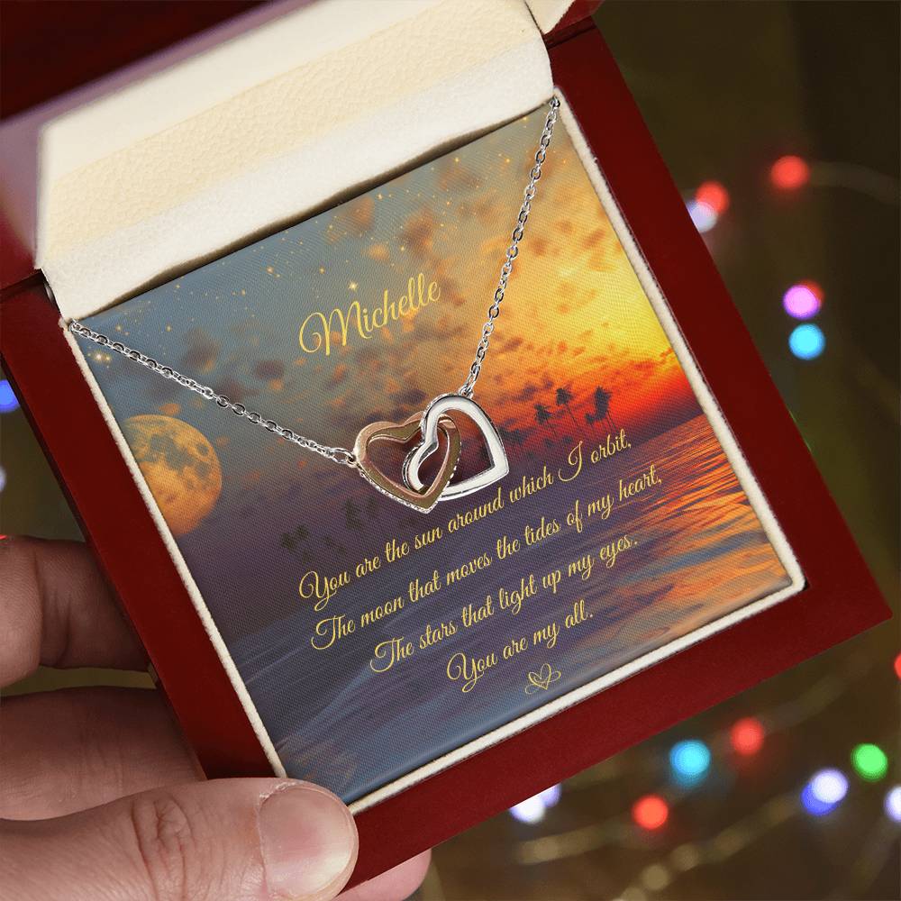 Interlocking Hearts' Necklace: You are the sun around which I orbit - Custom Name